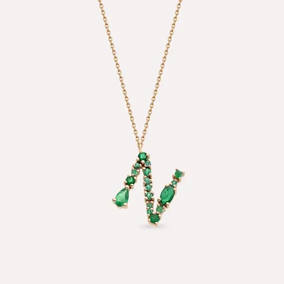 N Letter Emerald Rose Gold Necklace - 1