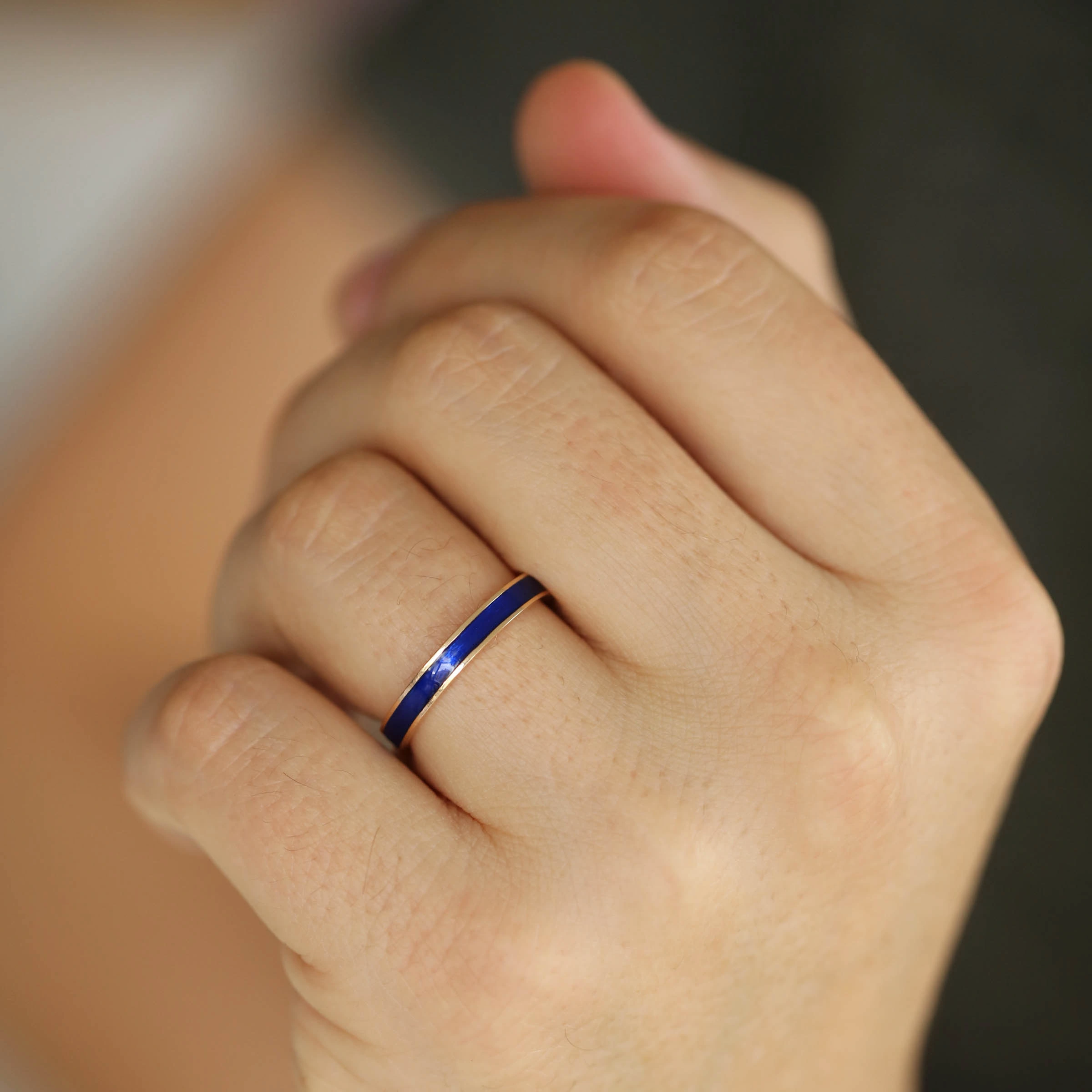 Navy Blue Enamel Gold Ring - 1