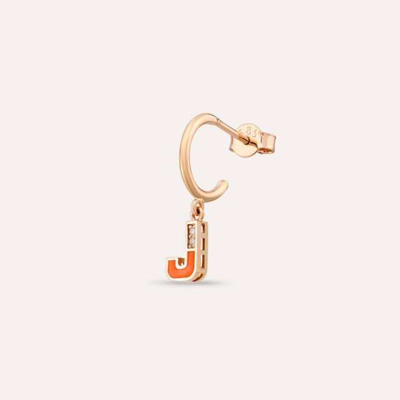 Orange Enamel and Diamond J Letter Single Dangling Earring - 1