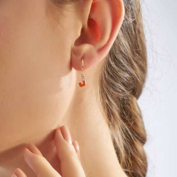 Orange Enamel and Diamond J Letter Single Dangling Earring - 2