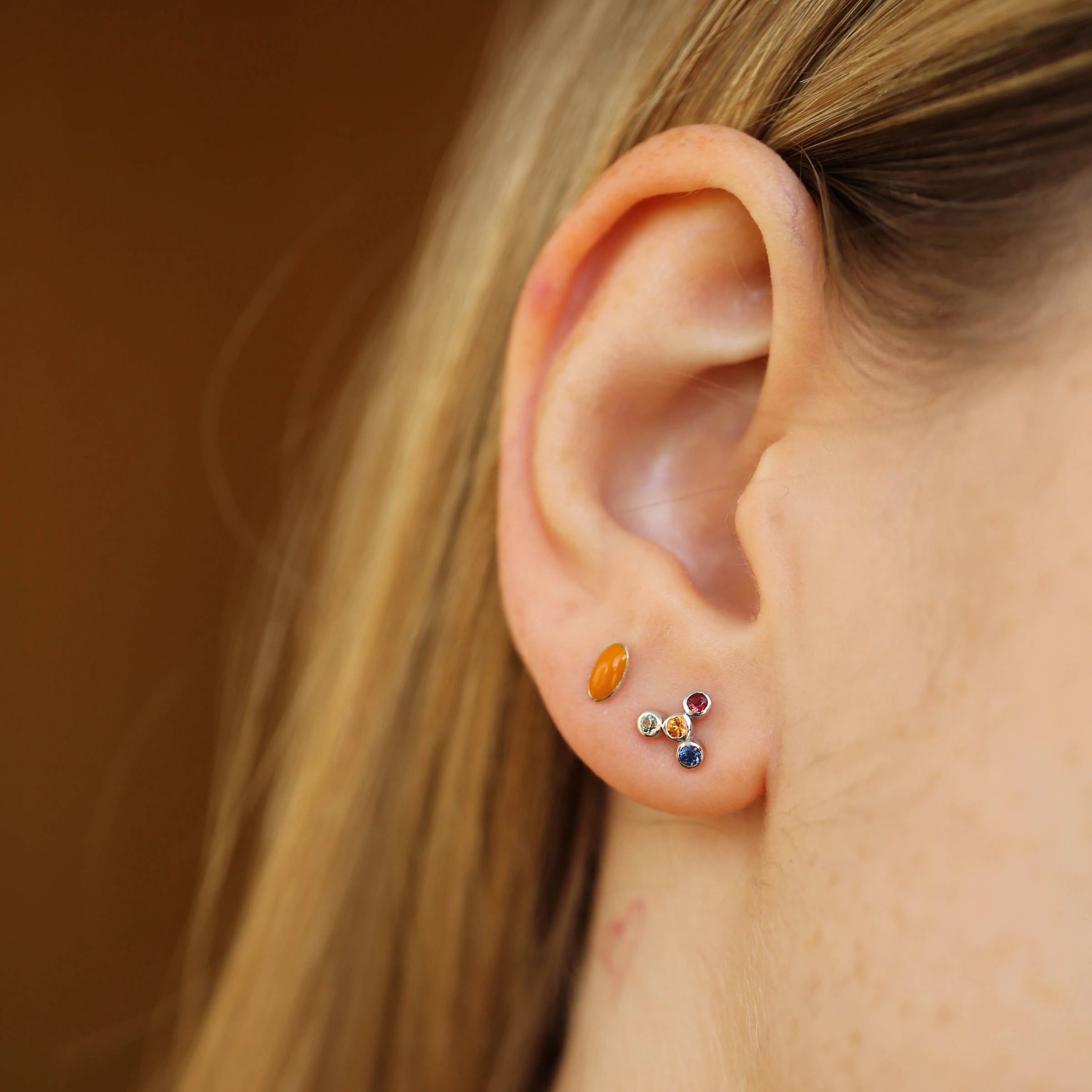 Orange Enamel White Gold Oval Single Earring - 2