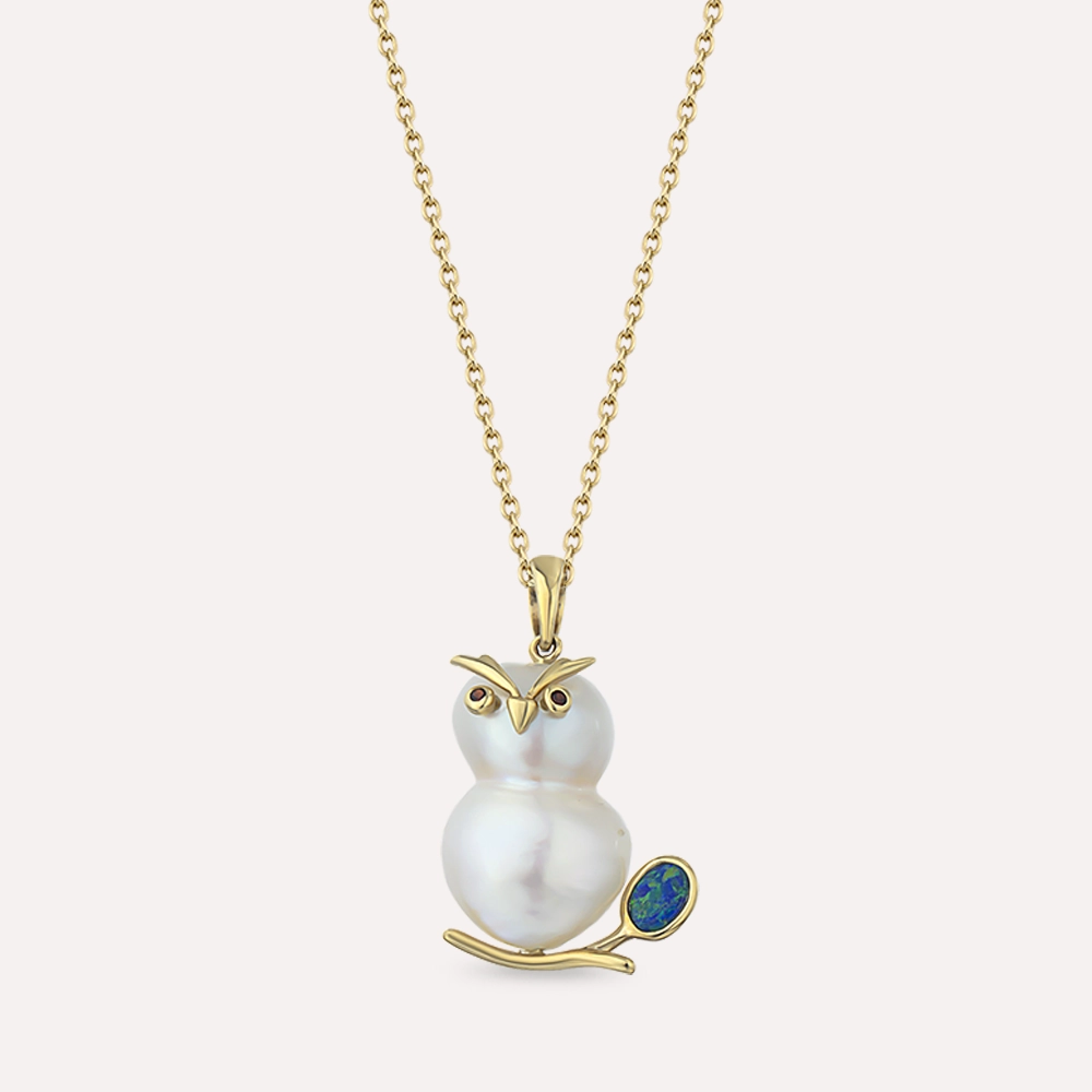 Owl Doğal İnci ve Opal Taşlı Sarı Altın Kolye - 1