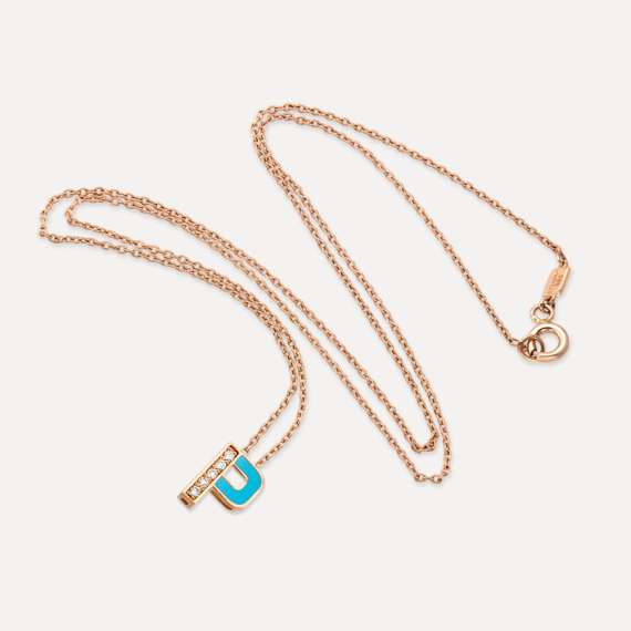 P Letter Diamond and Blue Enamel Rose Gold Pendant - 3