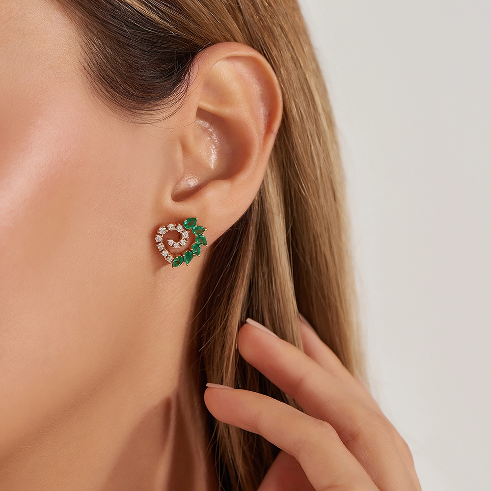 Peri 1.78 CT Pear Cut Emerald and Diamond Rose Gold Earring - 2