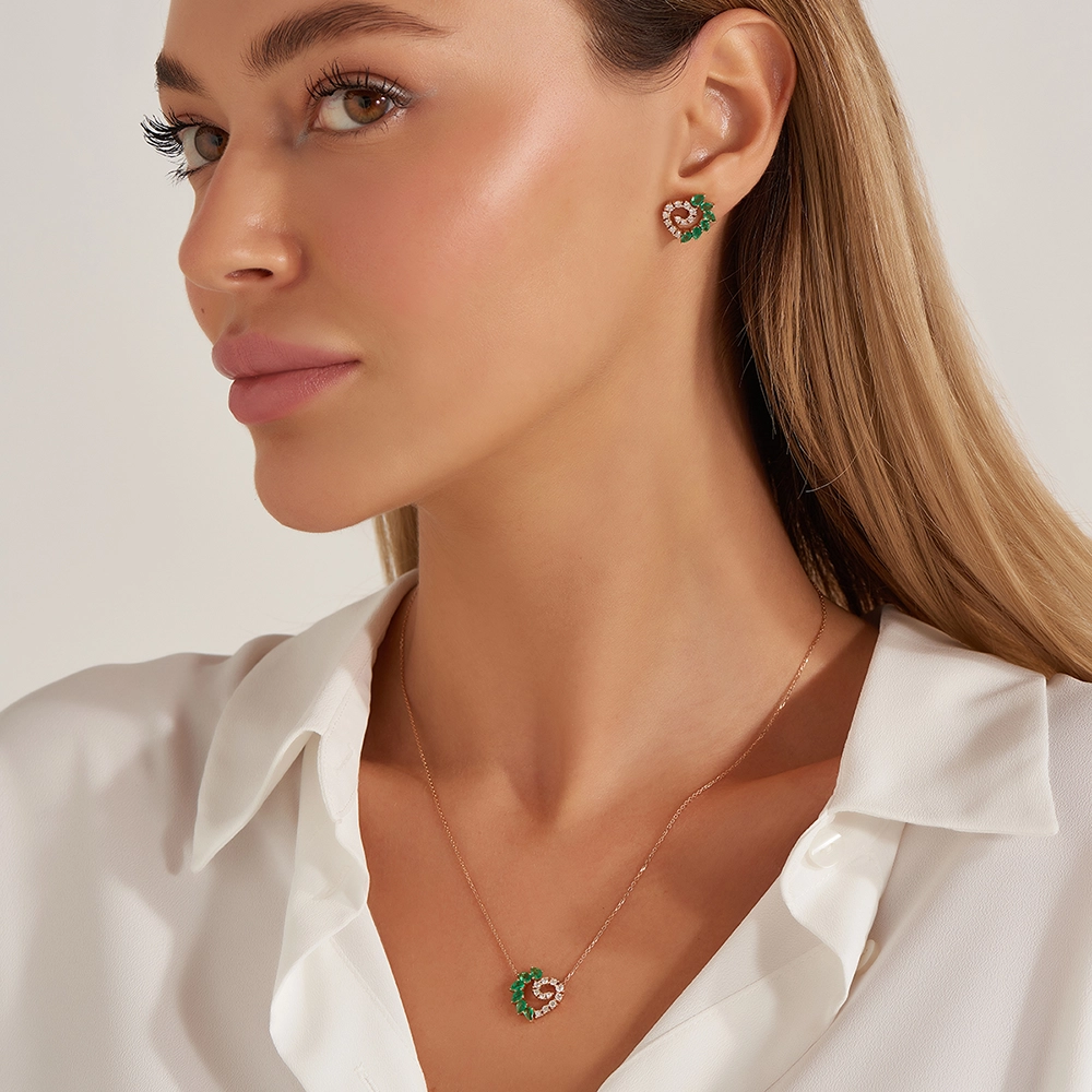 Peri 1.78 CT Pear Cut Emerald and Diamond Rose Gold Earring - 3