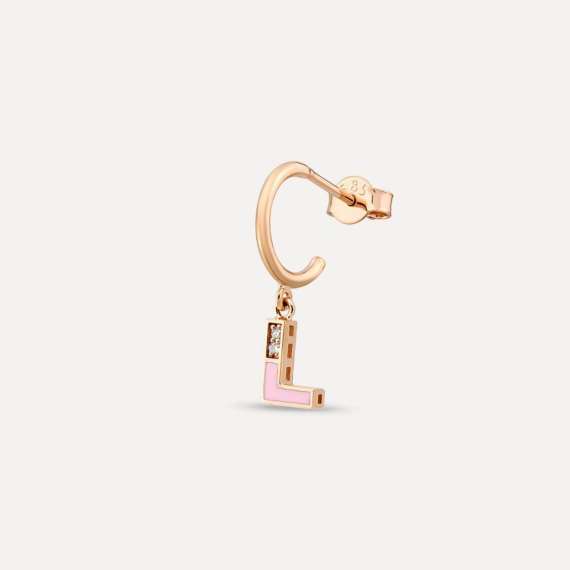 Pink Enamel and Diamond L Letter Single Dangling Earring - 1
