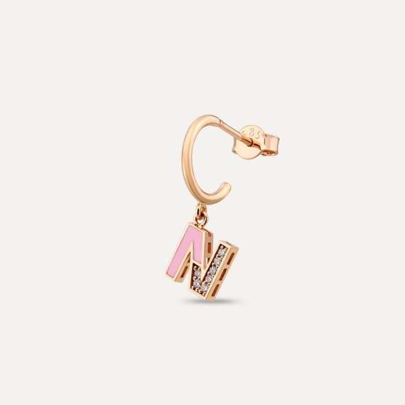 Pink Enamel and Diamond N Letter Single Dangling Earring - 1