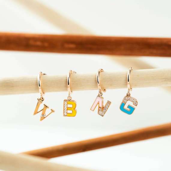 Pink Enamel and Diamond N Letter Single Dangling Earring - 3