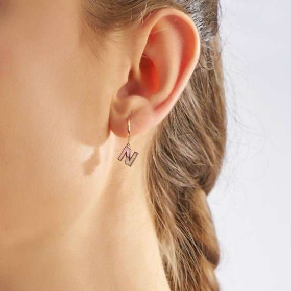 Pink Enamel and Diamond N Letter Single Dangling Earring - 2
