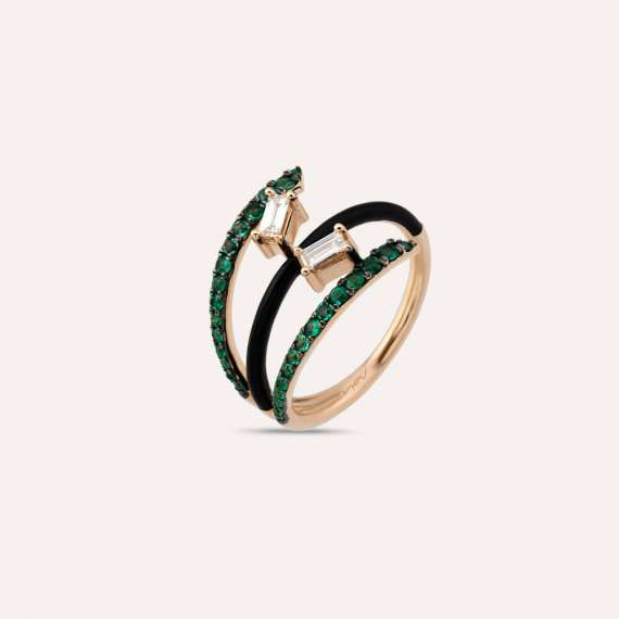 Polaris 0.54 CT Emerald and Baguette Cut Diamond Black Enamel Ring - 3