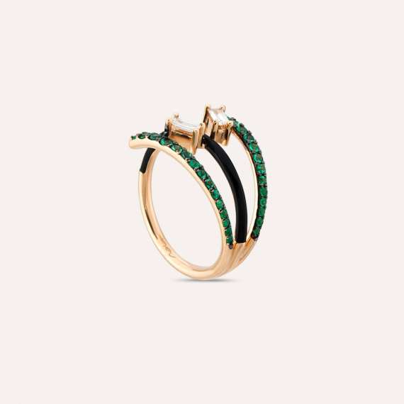 Polaris 0.54 CT Emerald and Baguette Cut Diamond Black Enamel Ring - 7