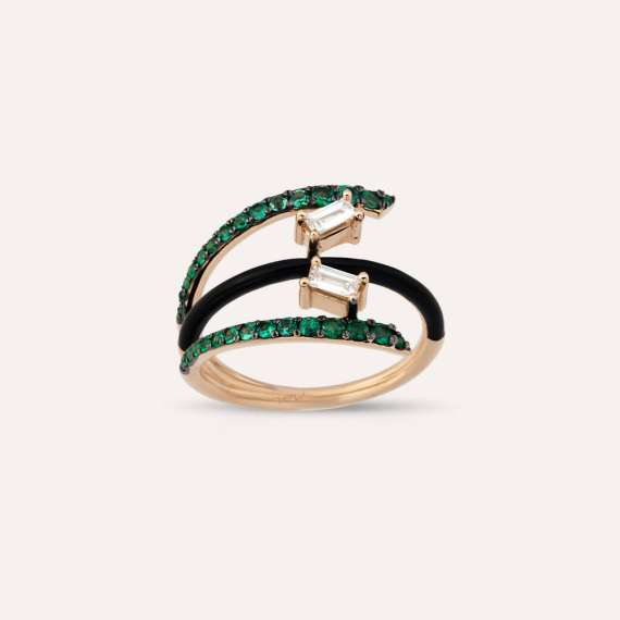 Polaris 0.54 CT Emerald and Baguette Cut Diamond Black Enamel Ring - 1