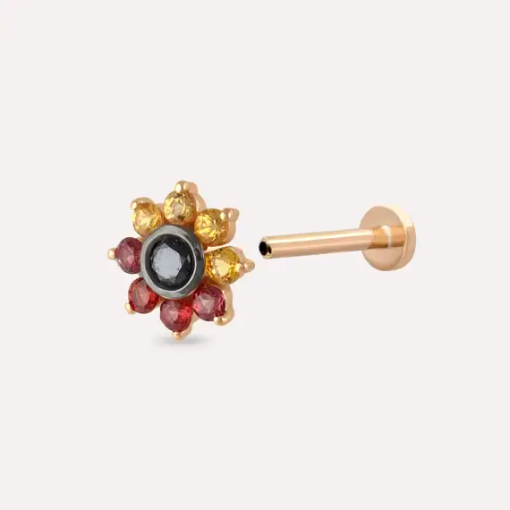 Pollen Multicolor Safir ve Siyah Pırlanta Taşlı Rose Altın Piercing - 4