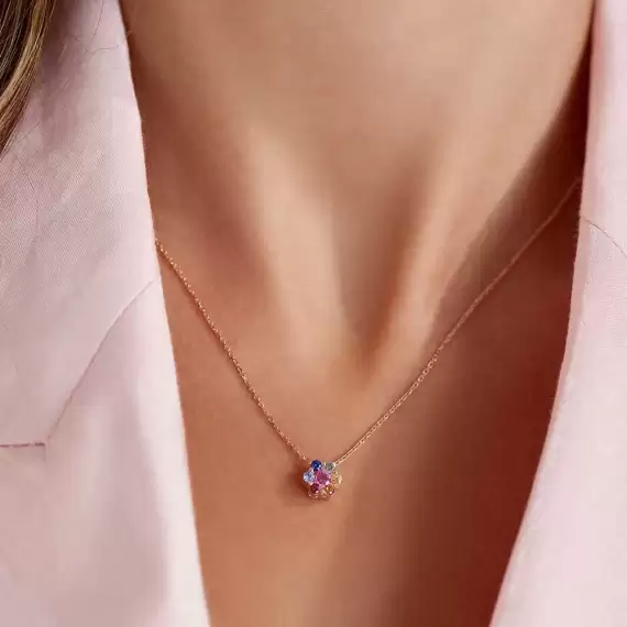 Posy 0.71 CT Multicolor Safir Taşlı Rose Altın Kolye - 4