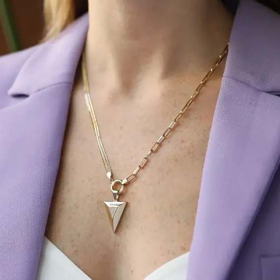 Pyramis Double Chain Detailed Yellow Gold Necklace - 1