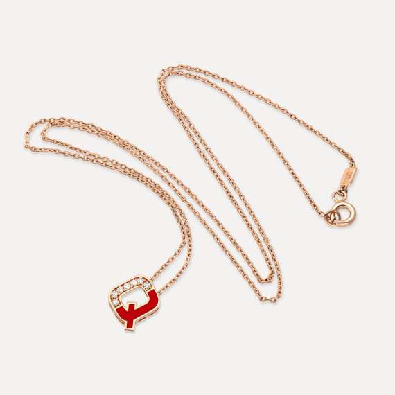 Q Letter Diamond and Red Enamel Rose Gold Pendant - 3