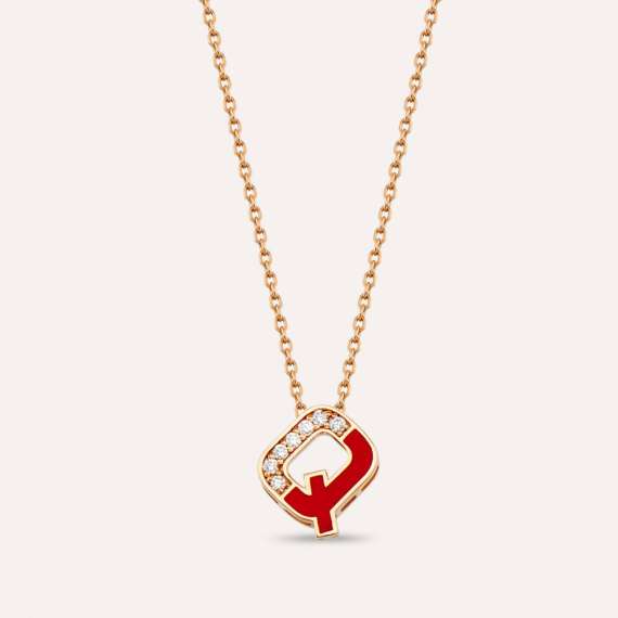 Q Letter Diamond and Red Enamel Rose Gold Pendant - 1