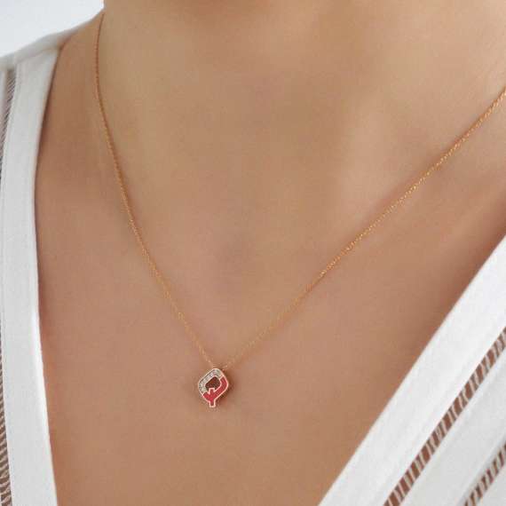 Q Letter Diamond and Red Enamel Rose Gold Pendant - 2