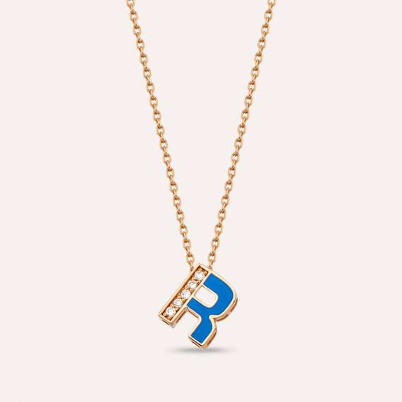 R Letter and Blue Enamel Rose Gold Pendant - 1