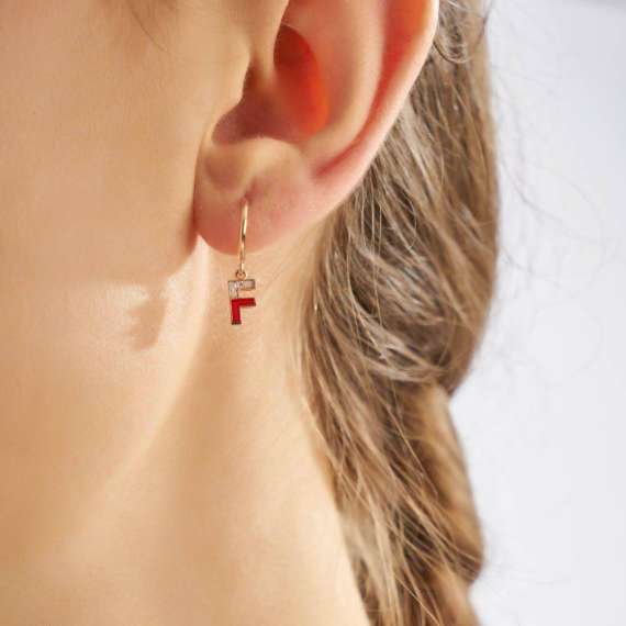 Red Enamel and Diamond F Letter Single Dangling Earring - 2