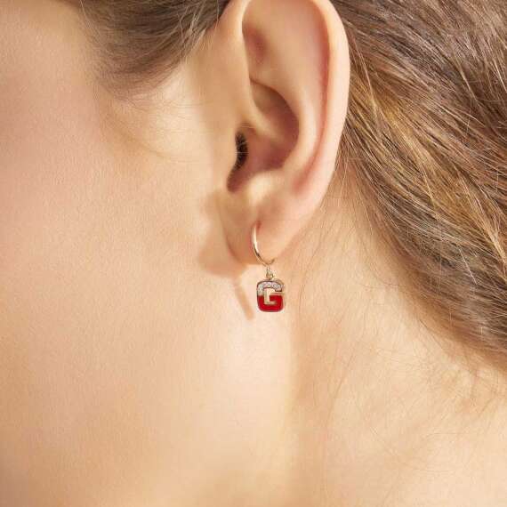 Red Enamel and Diamond G Letter Single Dangling Earring - 2
