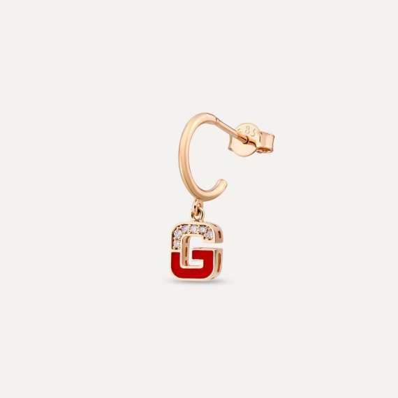 Red Enamel and Diamond G Letter Single Dangling Earring - 1