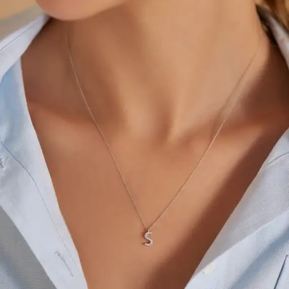 S Harf 0.08 CT Pırlanta Taşlı Beyaz Altın Kolye - 3