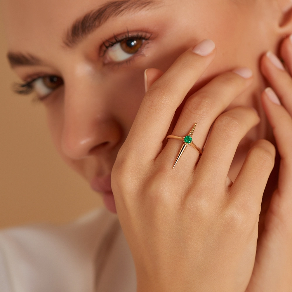 Sandy 0.19 CT Zümrüt Taşlı Rose Altın Yüzük - 3