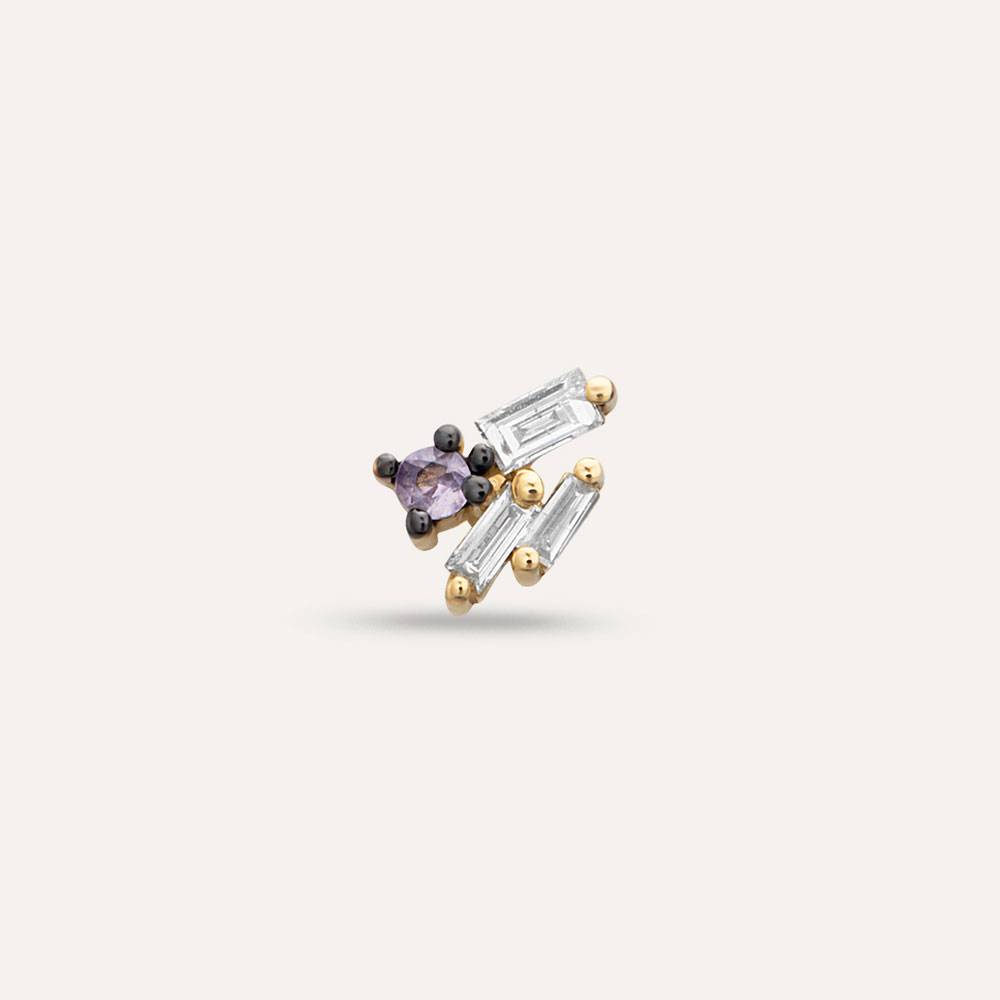 Seed 0.09 CT Baguette Cut Diamond and Purple Sapphire Mini Single Earring