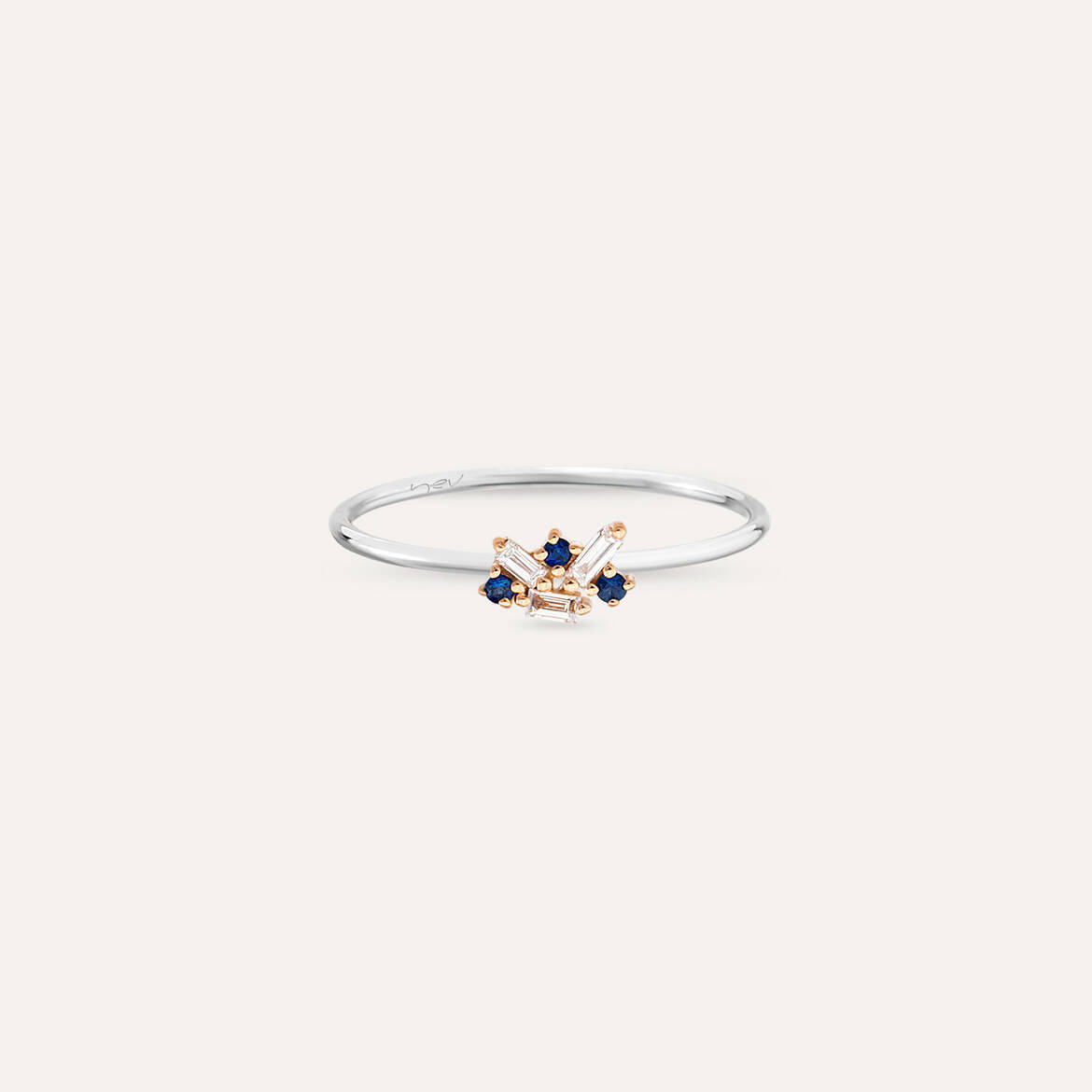 Seed 0.11 CT Blue Sapphire and Baguette Cut Diamond Ring