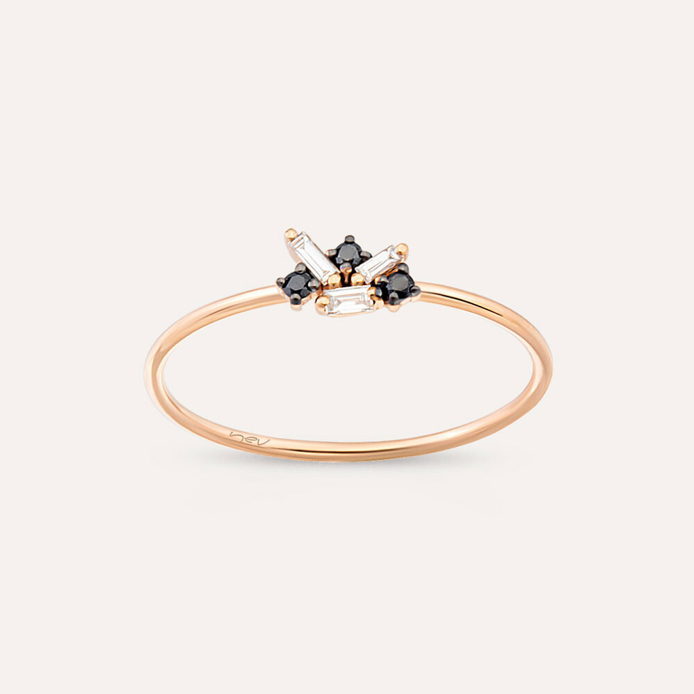 Seed 0.12 CT Black Diamond and Baguette Cut Diamond Rose Gold Ring