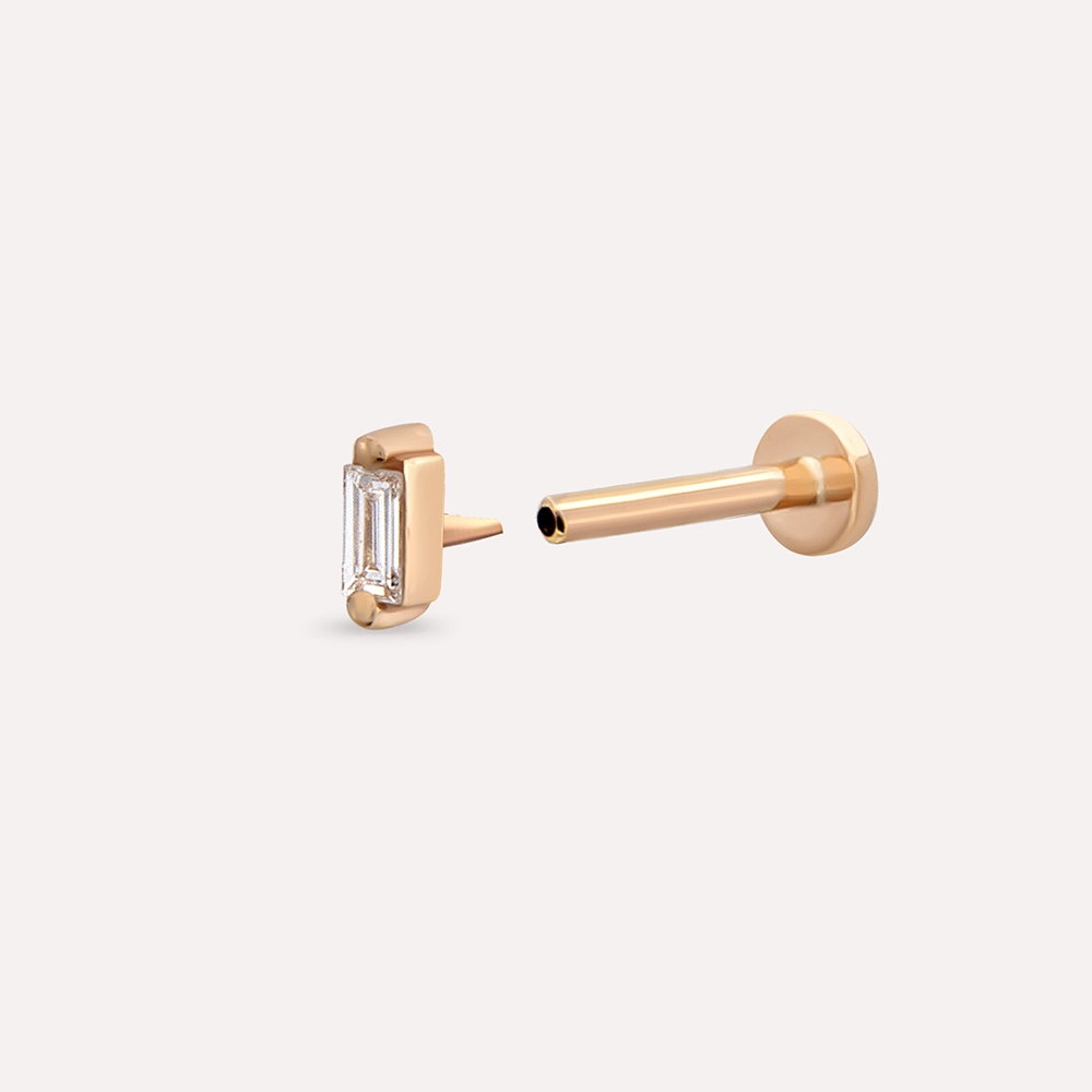 Solid 0.02 CT Baget Pırlanta Taşlı Rose Altın Piercing - 3