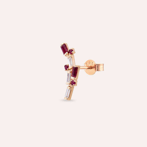Stairs 0.38 CT Ruby and Baguette Cut Diamond Rose Gold Single Earring - 3