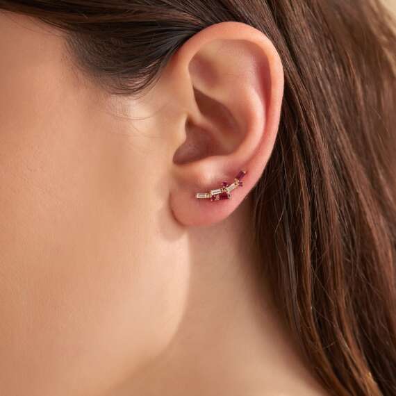 Stairs 0.38 CT Ruby and Baguette Cut Diamond Rose Gold Single Earring - 2