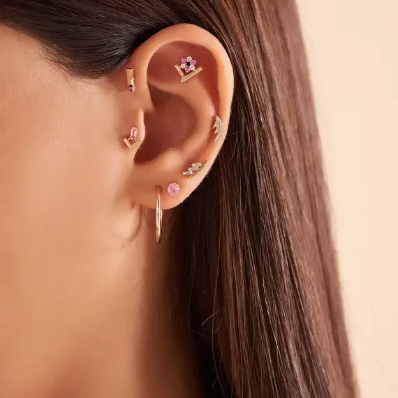 Stem Baguette Cut Diamond Rose Gold Single Earring - 2
