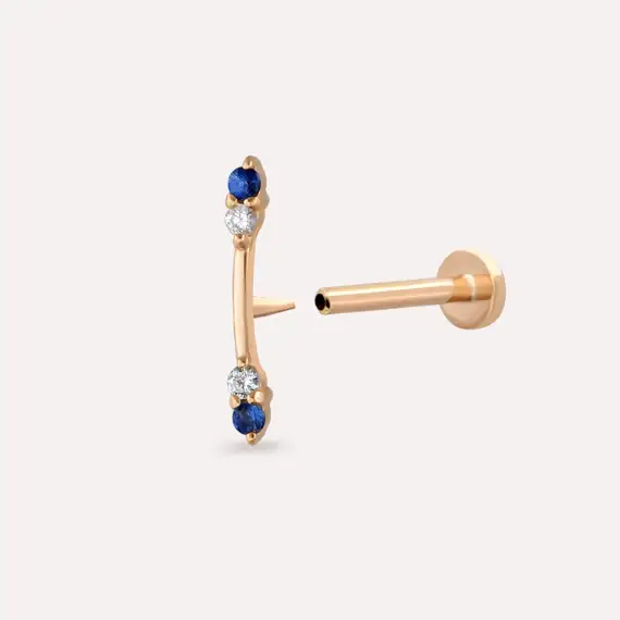 Stick Blue Safir ve Pırlanta Taşlı Rose Altın Piercing - 4