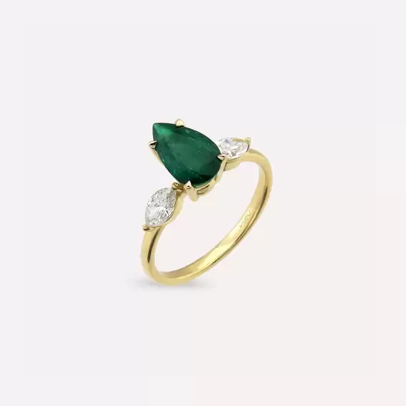Sue 1.95 CT Pear Cut Emerald and Diamond Yellow Gold Ring - 2