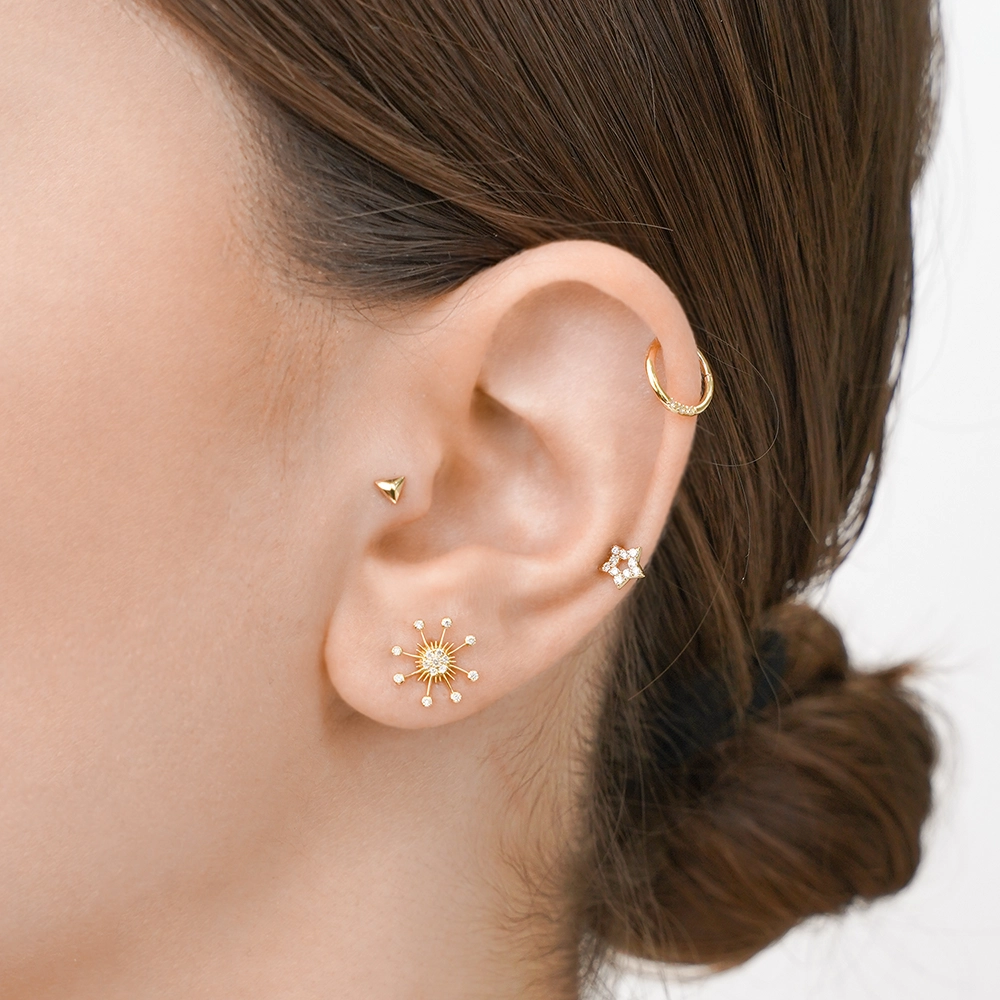 Sunny Pırlanta Taşlı Sarı Altın Halka Piercing - 4