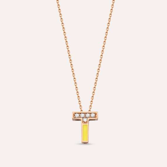 T Letter Diamond and Yellow Enamel Rose Gold Pendant - 1