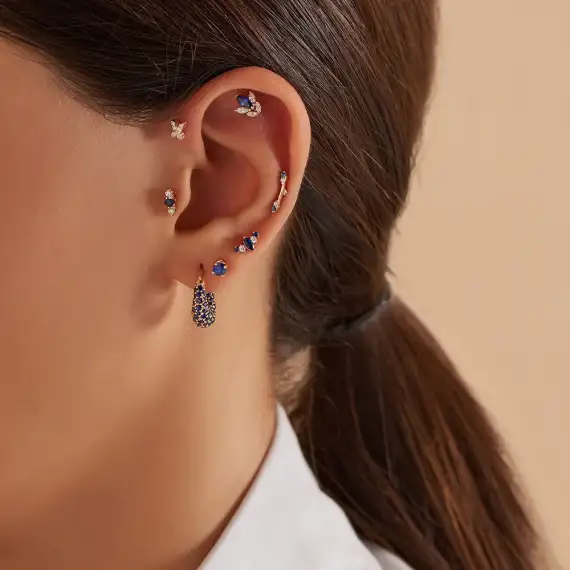 Tulip Markiz Kesim Safir ve Pırlanta Taşlı Rose Altın Piercing - 2