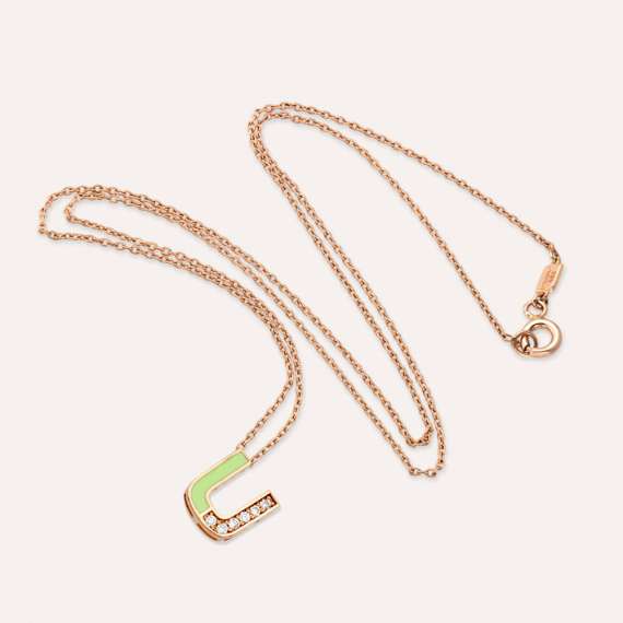 U Letter Diamond and Green Enamel Rose Gold Pendant - 4