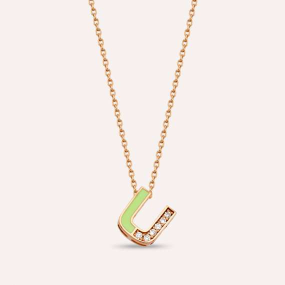 U Letter Diamond and Green Enamel Rose Gold Pendant - 1