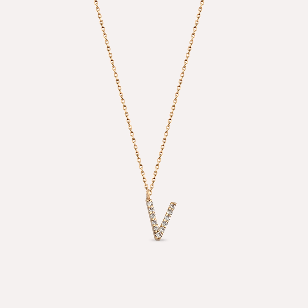 V Letter 0.08 CT Diamond Rose Gold Necklace - 1