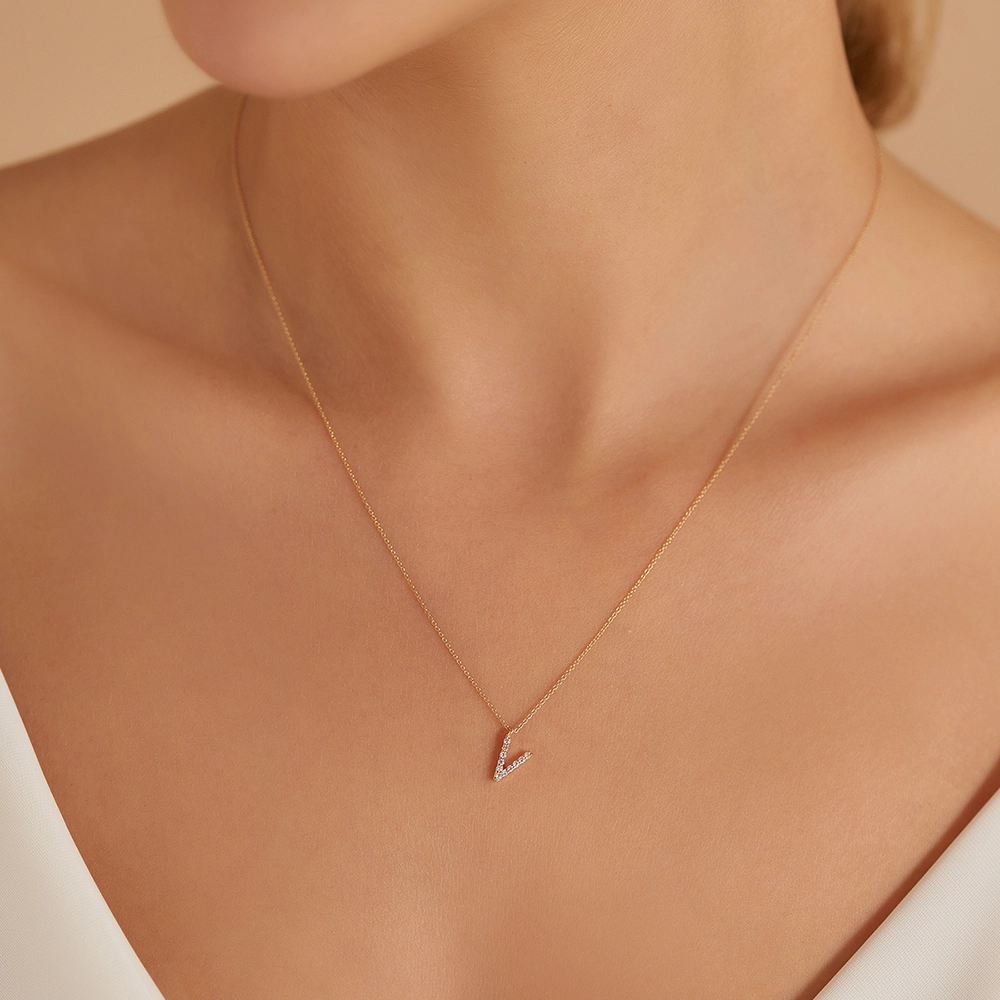 V Letter 0.08 CT Diamond Rose Gold Necklace - 3