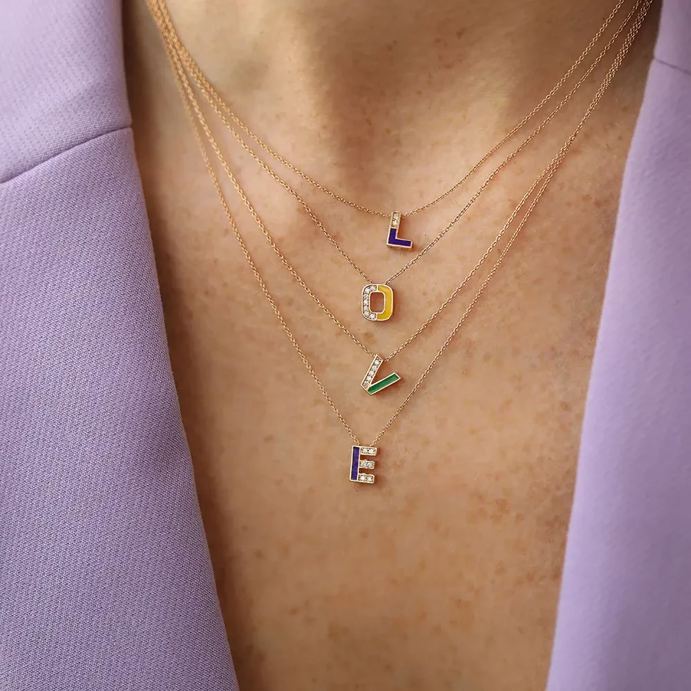 V Letter Diamond and Green Enamel Rose Gold Pendant