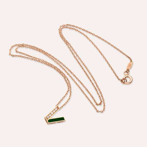 V Letter Diamond and Green Enamel Rose Gold Pendant - 6