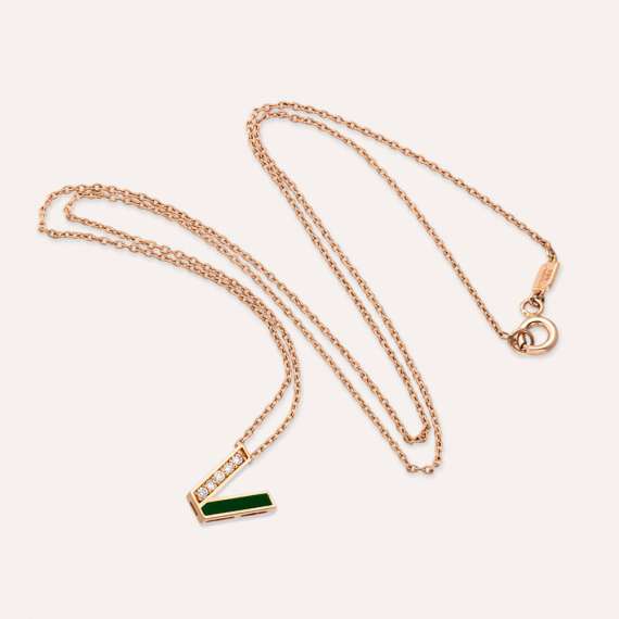 V Letter Diamond and Green Enamel Rose Gold Pendant - 5