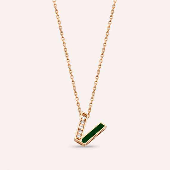 V Letter Diamond and Green Enamel Rose Gold Pendant - 1