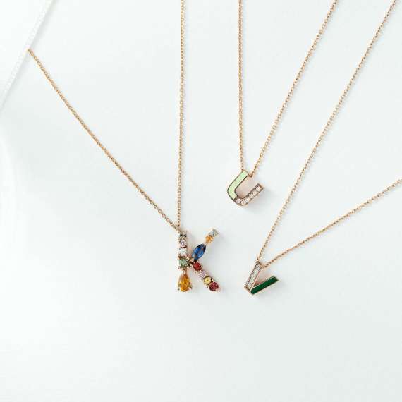 V Letter Diamond and Green Enamel Rose Gold Pendant - 4