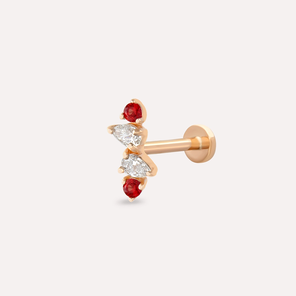 Vine Red Safir ve Pırlanta Taşlı Rose Altın Piercing - 1